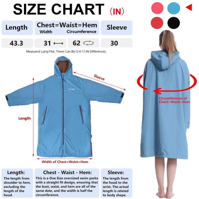 Hiturbo Warm Waterproof Swim Parka: Oversized Hooded Changing Robe - Sherpa Liner Swimming Coat - Recycled Fabric Surf Poncho (Blue) - Image 2